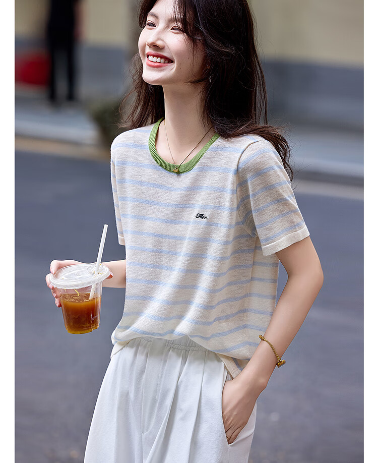 Awakening Paradise 26 Summer Korean Slim Fit Slimming Round Neck T-Shirt Top Short Sleeve Knitwear Blue Striped One Size 1