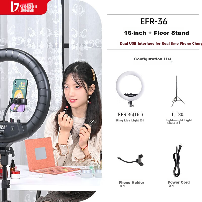 JINBEI EFR-36 Circular Fill Light, LED Mobile Phone Live Streaming Stand Light, Face Light for Streamers, Selfie Photography Beauty Light, Round Cosmetic Tattoo Photography Lighting