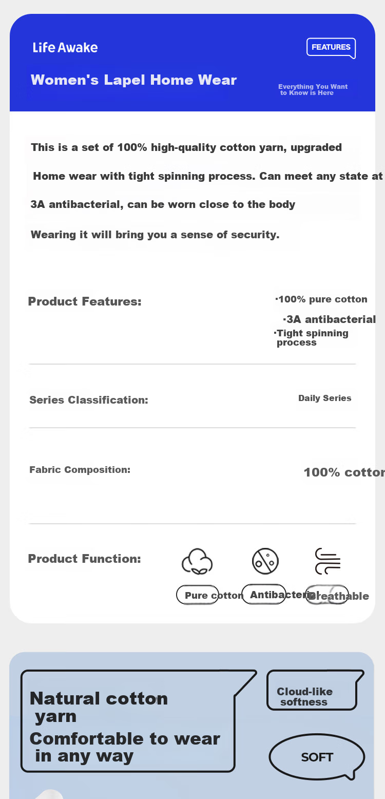 HLA Women's Pajamas, Spring And Autumn Lapel Cardigan, Pure Cotton, Antibacterial, Comfortable, Suitable for Outdoor Wear, Long Sleeves, Long Pants, Home Wear Set 1