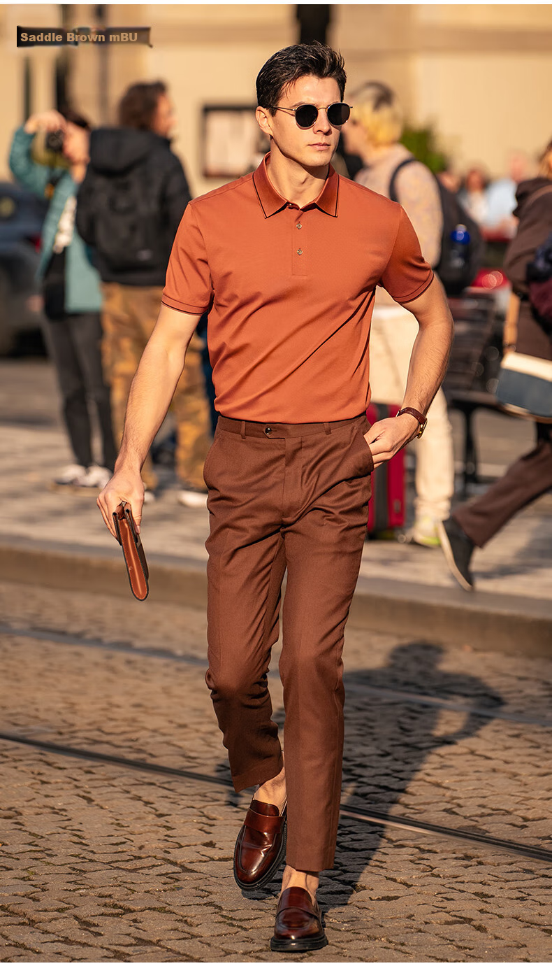 Mr. Bu Patented Collar Contrast Color Three-Button Polo Shell Button Breathable Short Sleeve T-Shirt Saddle Brown XL (180) 8