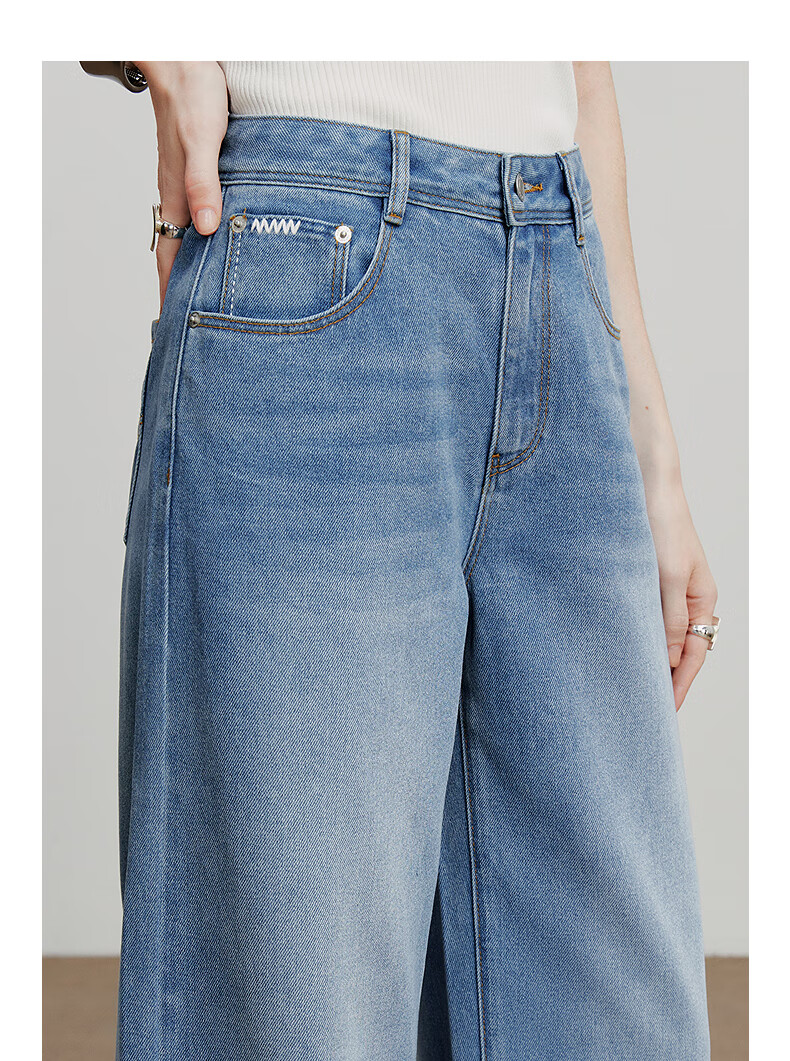 Chuyu Focus Acetate Puff Soft Denim Women's 2025 New Mid-Waist High Street Embroidered Wide-Leg Pants Sky Blue 28 7
