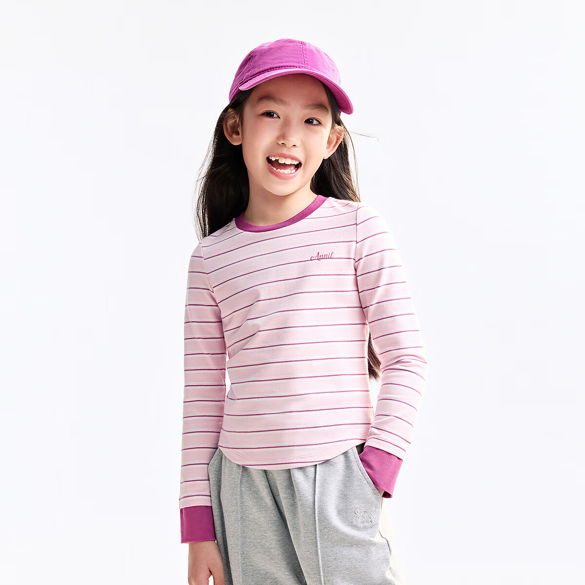 Annil Kids Girls' Crew Neck Long Sleeve T-Shirt 2025 Autumn New Fashion Stretchy Short Striped Base Shirt