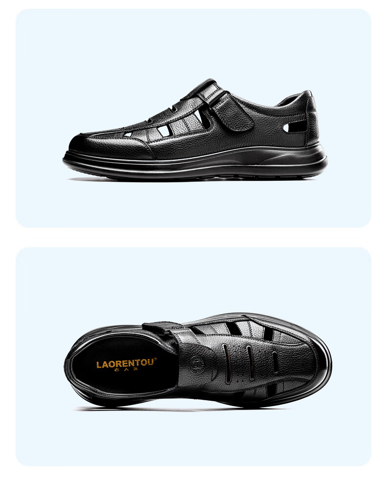 LAORENTOU Men's Genuine Leather Summer Breathable Hollow Business Casual Closed-Toe Sandals LL177 Black Size 43 10