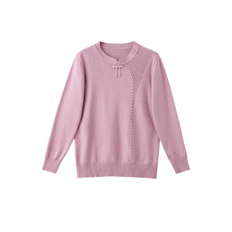 Pastel Spring and Autumn New Chinese Style Round Neck Knit Sweater Loose Fit National Style Base Shirt for Middle-aged and Elderly Women Pink 2XL