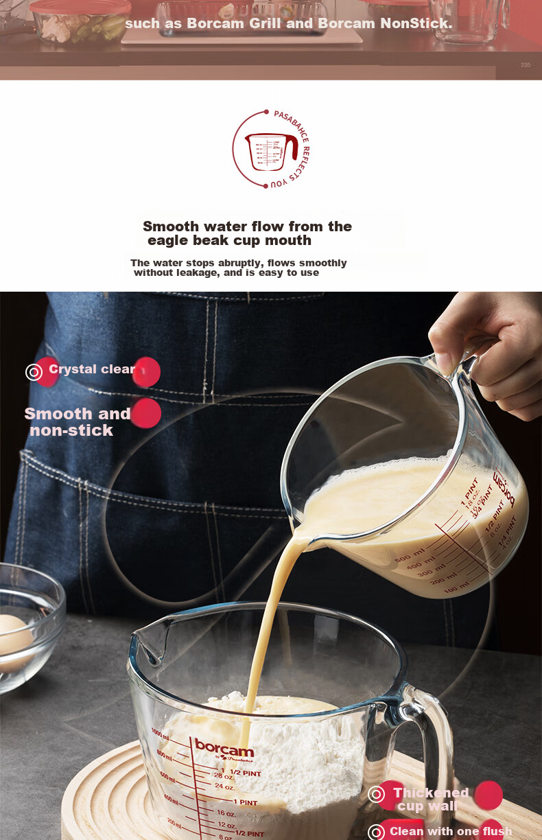 Pasabahce Measuring Cup, Imported Borosilicate Glass, Microwave And Oven Safe, Heating And Baking Tool, Milk Cup, 750ML, 59176 3