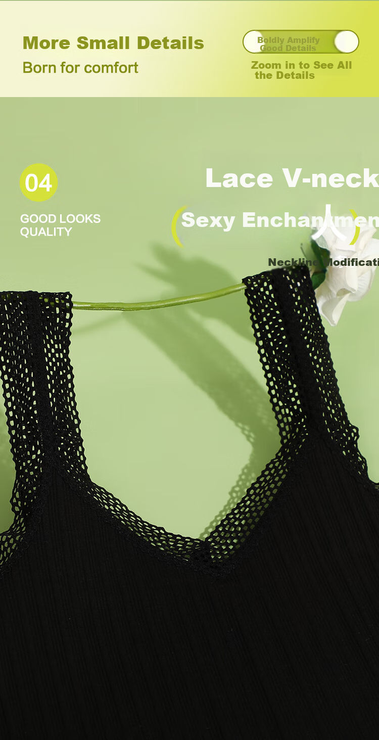 Hodo V-Neck Camisole for Women, Slimming, Nude Feel, Lace, Hollow-Out Design, Inner Wear Or Outer Wear, Classic Black, Size 165/90 5