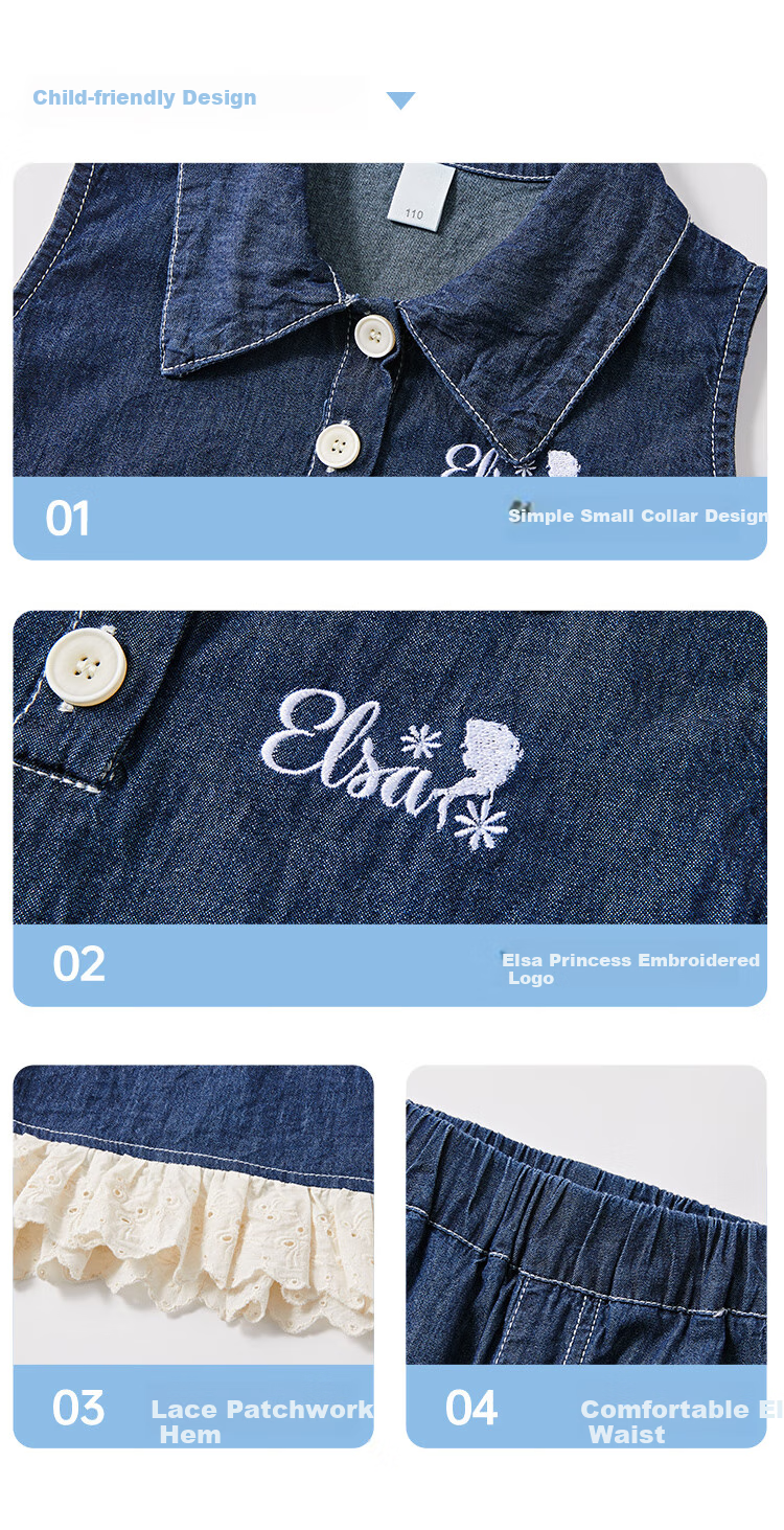 Disney Children's Summer Outfit, Girls' Summer Set 2026 New Style, Trendy Sleeveless Denim Top And Pants Two-Piece Set 3