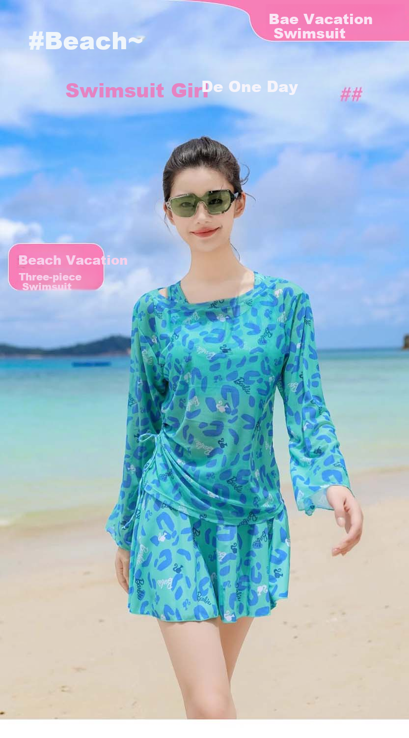 Barbie Women's High-End Conservative Long-Sleeve Swimsuit Set with Skirt for Beach Vacation, Slimming And Concealing Three-Piece Swimwear 1