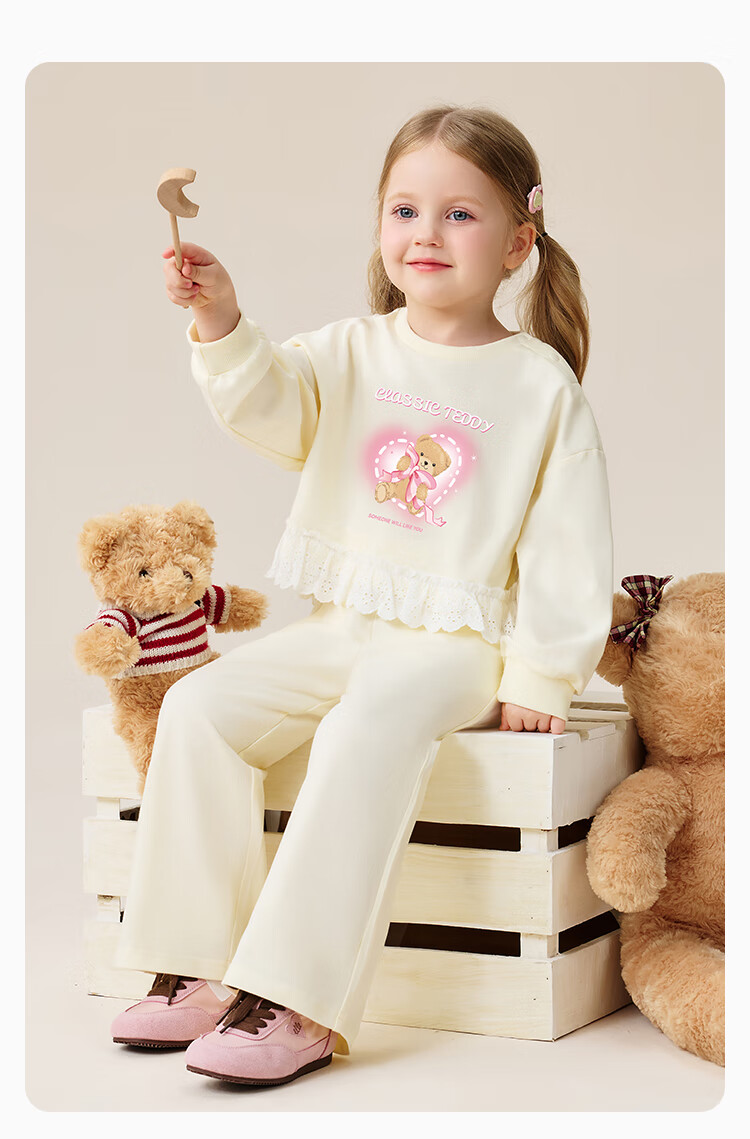 Classic Teddy Girls' Two-Piece Set Children's Sweatshirt and Pants Sweet Patchwork Casual Spring Outfit Light Gray 90 14