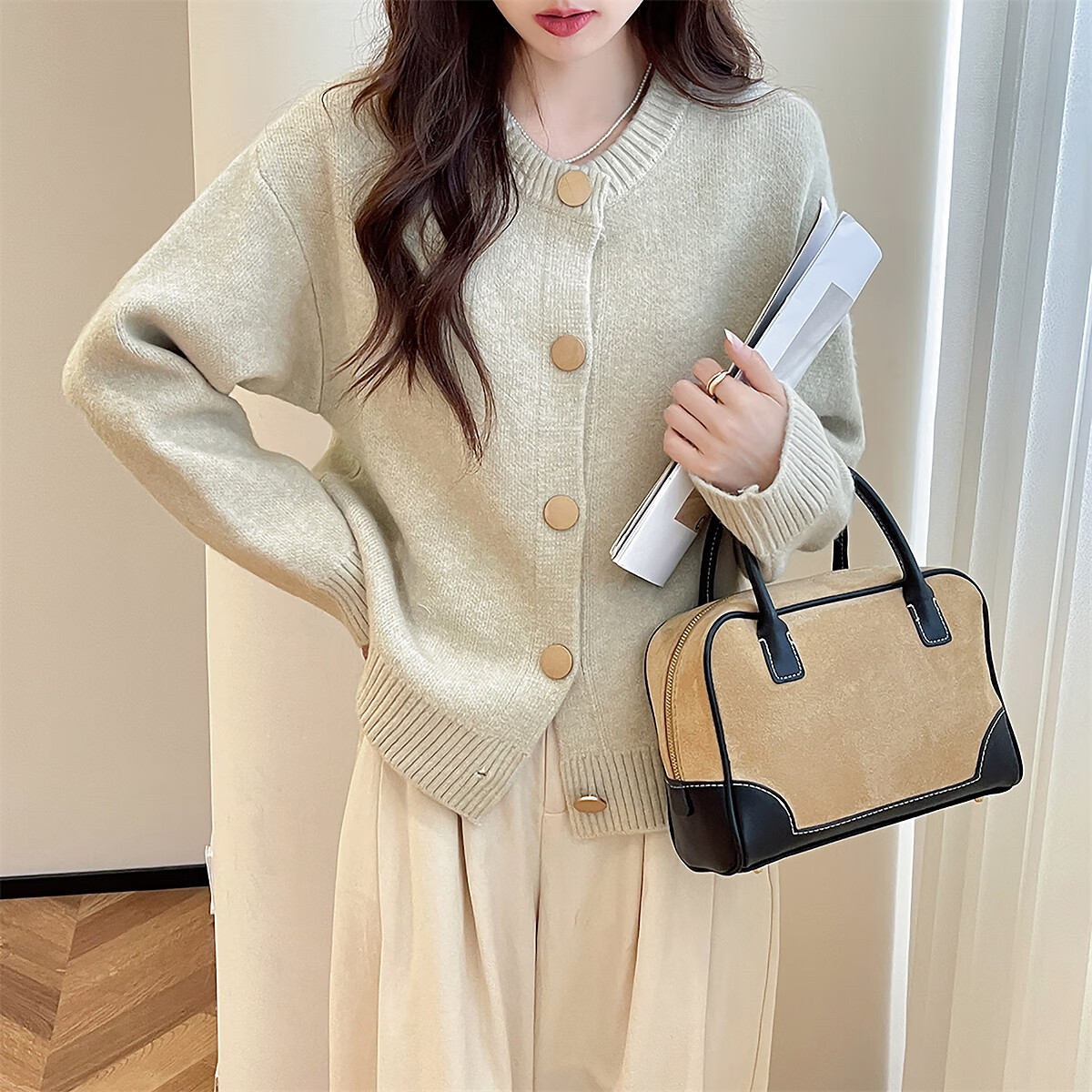 TonLion Simple Design Round Neck Cardigan Women's Knitted Jacket Autumn Winter High-End Regular Artistic Style