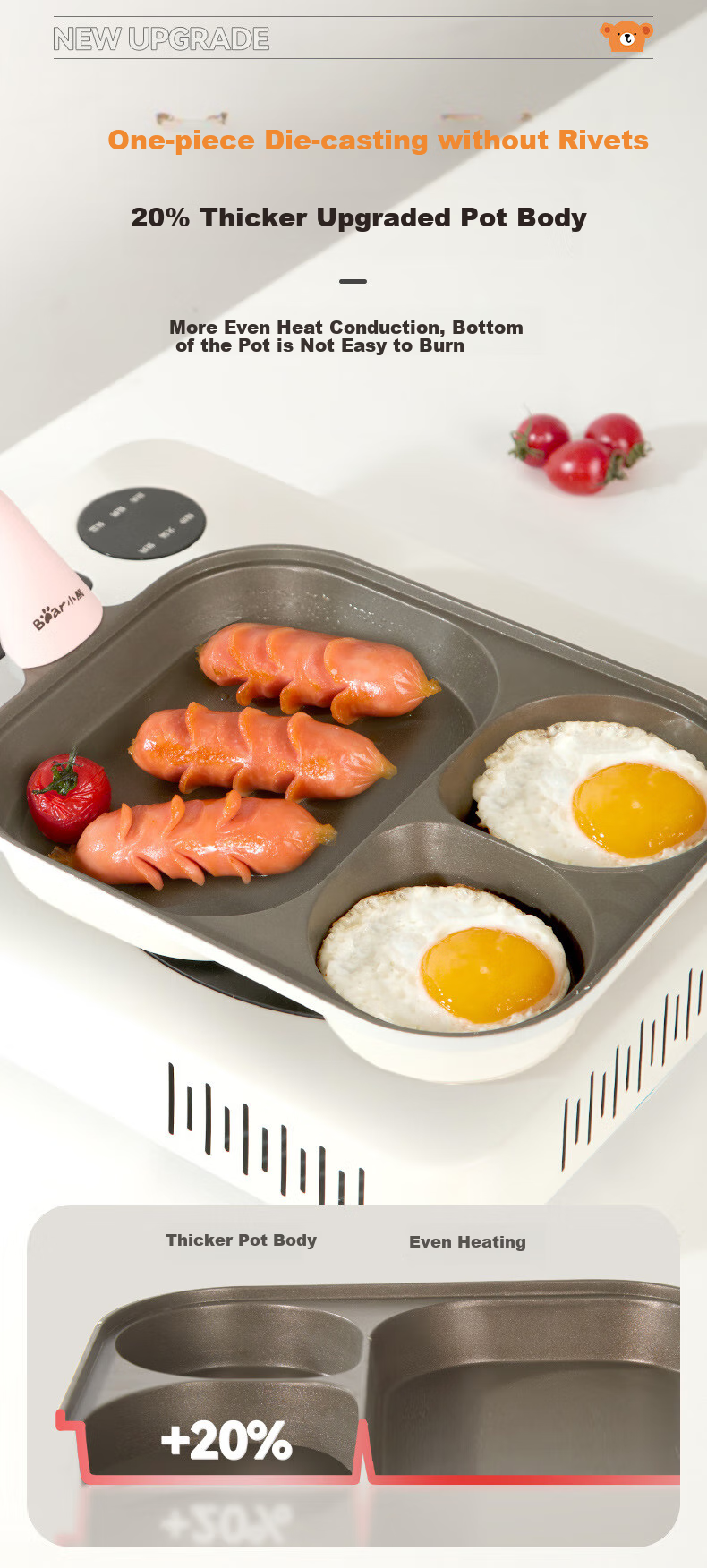 Bear Non-Stick Frying Pan with Three Holes for Breakfast, Titanium-Infused Multifunctional Pan for Scrambled Eggs, Teriyaki Chicken, And Burgers, Compatible with All Stoves, 23cm 5