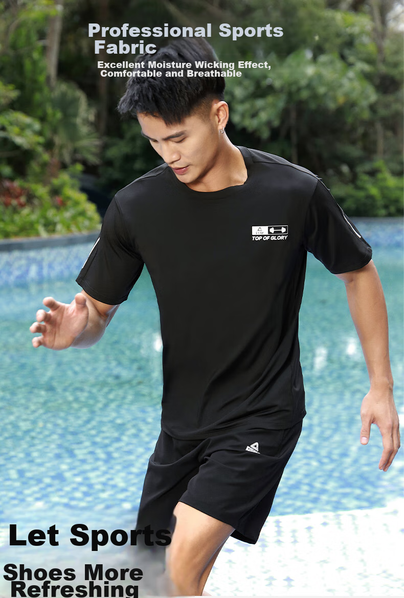 PEAK Men's Sports Set, Quick-Dry Breathable Casual Fitness Short-Sleeve Shorts Two-Piece Set, Black, Size L 3