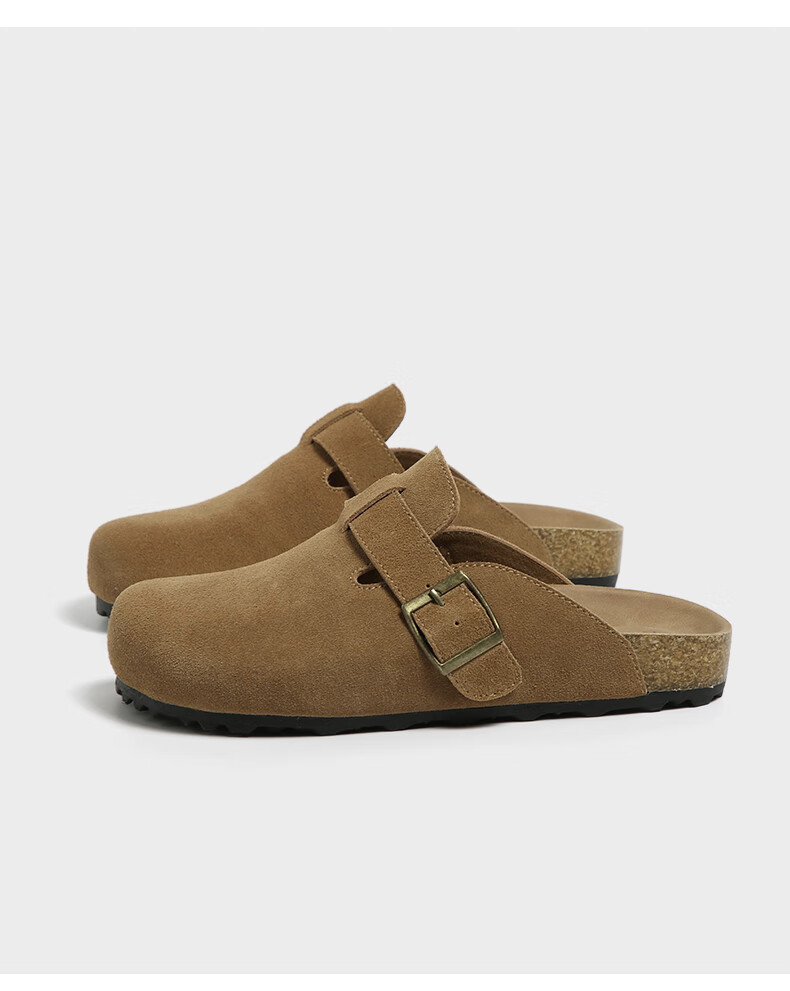 FOREVER21 Women's Leather Slippers Spring Autumn Birkenstock Style Thick Sole Slip-On Half Slippers Khaki Size 36 8