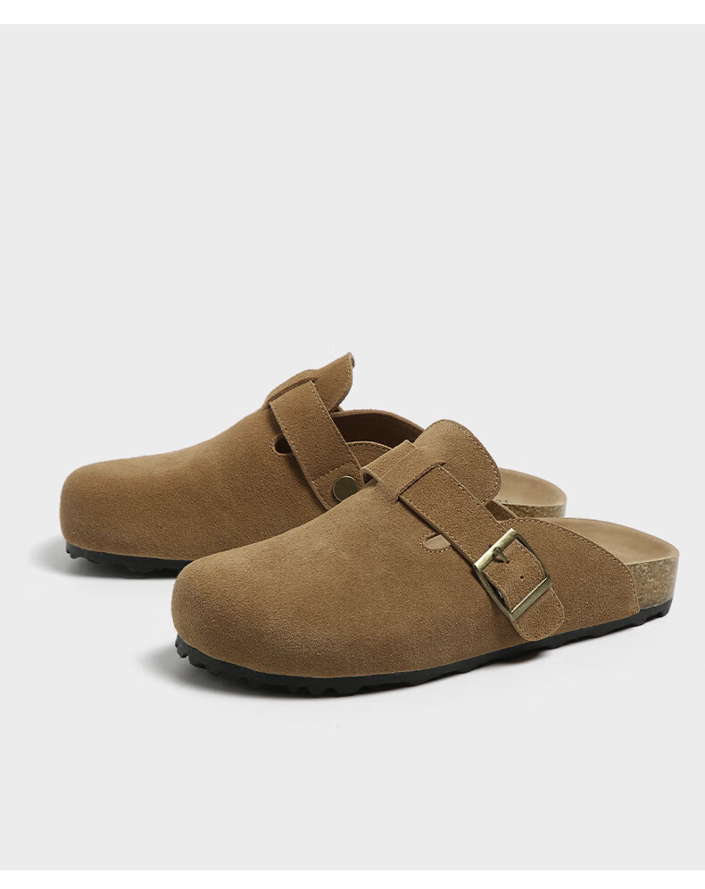 FOREVER21 Women's Leather Slippers Spring Autumn Birkenstock Style Thick Sole Slip-On Half Slippers Khaki Size 36 1