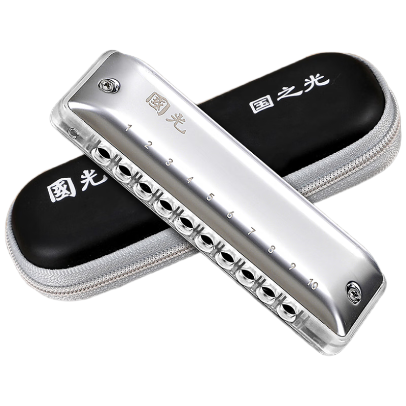 Guoguang 10-Hole Guozhiguang Blues Harmonica (Silver, Transparent Reed Plates, EVA Case)