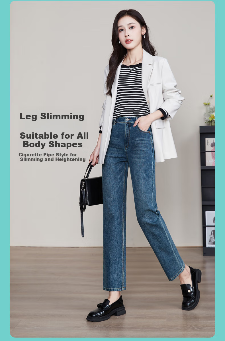 ESE-Y Spring 2025 New Slim-Fit Straight-Leg Jeans for Women with Four-Way Stretch, Slimming Effect, Ankle-Length, Denim Blue, Size 27 5