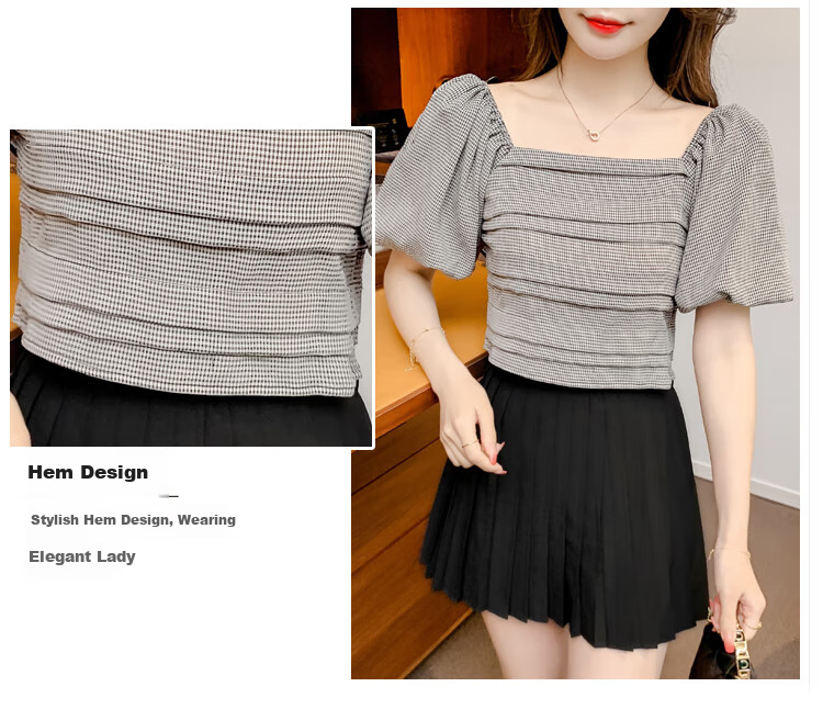 JEANSWEST Women's Shirt, Summer Short-Sleeve Plaid Blouse, French Puff Sleeve Top, Gray, Size S 5
