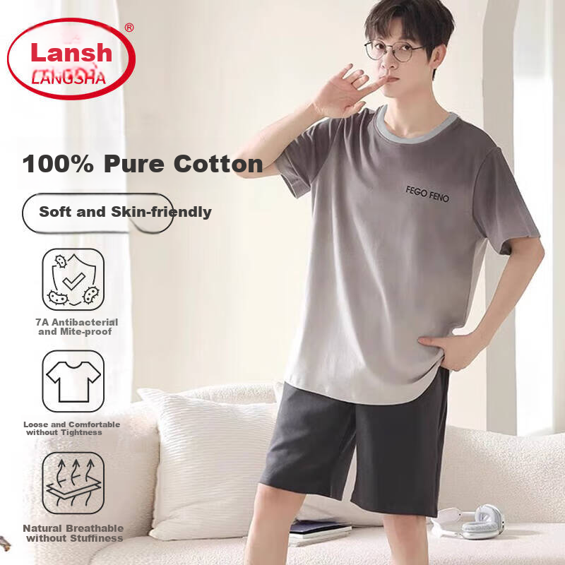 Мужская пижама LangSha из 100% хлопка, летний комплект из футболки с коротким рукавом и шорт, свободная повседневная одежда для дома и улицы
