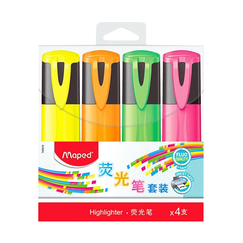 Maped Fluorescent Pen Set of 4 Colors, Highlighter Markers for Emphasis And Note-Taking, Thick-Tip Pens for Children, Students, Journaling, Drawing, Office Use, Study Stationery 740916CH