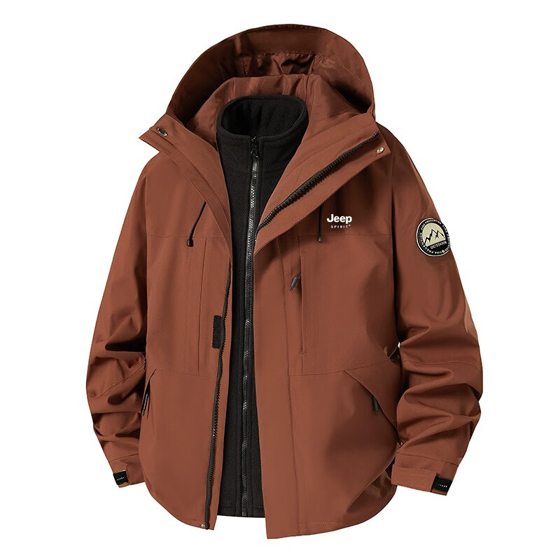 JEEP SPIRIT Men's 3-in-1 Waterproof Outdoor Mountaineering Jacket Autumn Winter Casual Jacket Redwood Brown 3-in-1 M