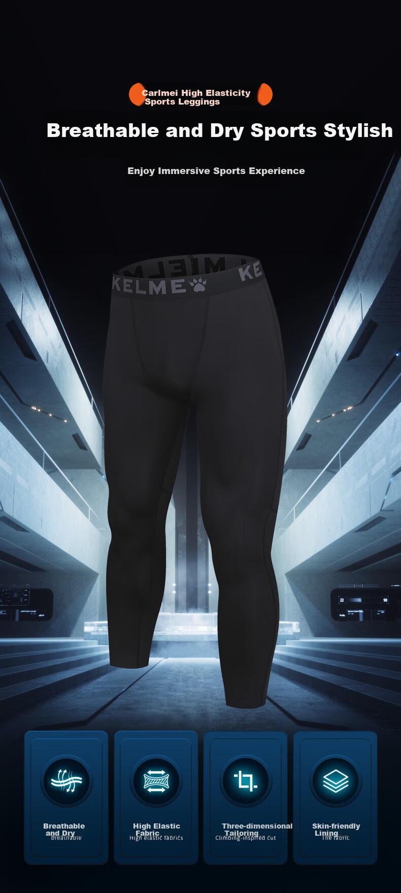KELME Men's Sports Compression Pants Breathable Running Fitness Basketball Stretch Leggings Black S 1