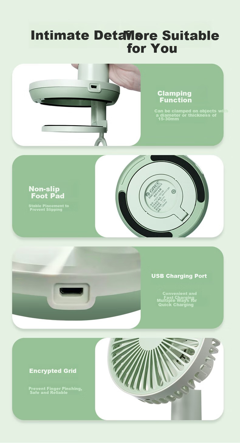 GREE USB Rechargeable Fan, Desktop Handheld Mini Desk Fan, Portable Office Outdoor Camping Home Office Table Fan, Electric Fan FSTZ-1201A6 15