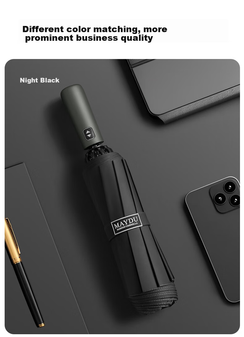 MAYDU 125cm Fully Automatic Reverse Umbrella Folding, Men's Business Umbrella for Sun And Rain, Enlarged Double-Fold Umbrella M3063, Black Aluminum Alloy Reinforced Windproof, One-Button Open/Close, High-Quality 4