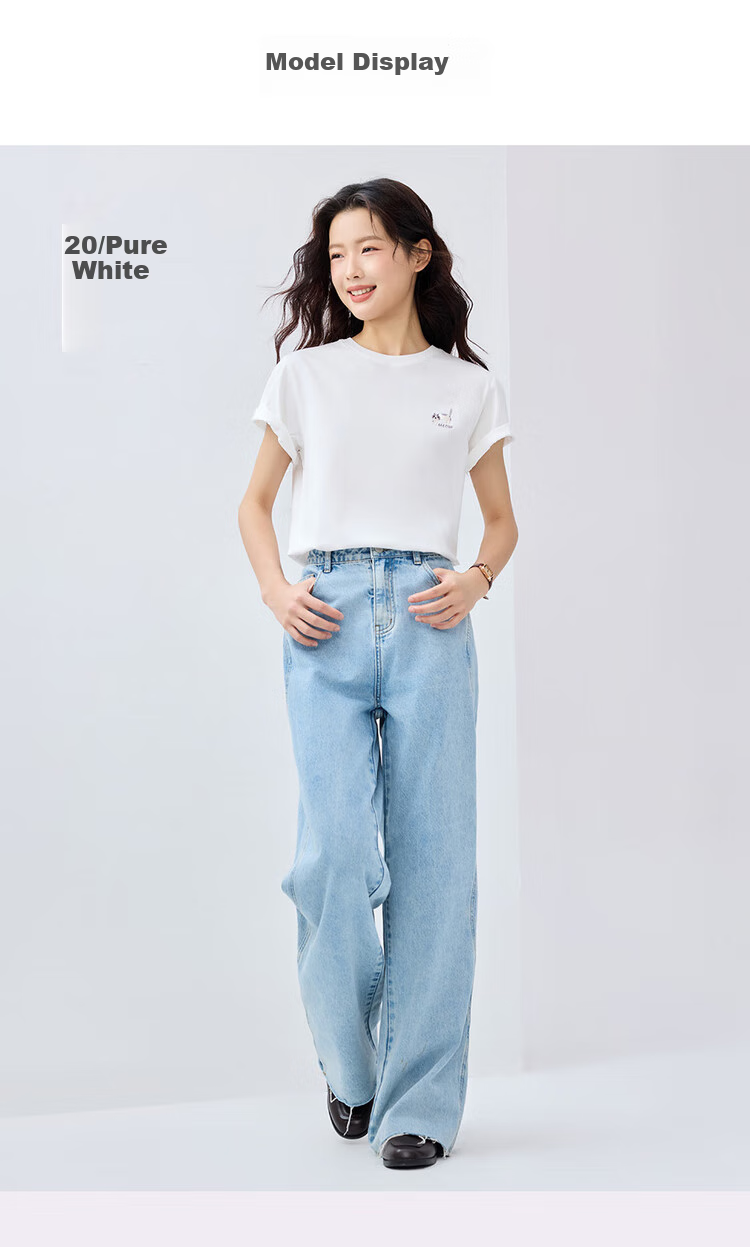 Giordano Women's Short Sleeve T-Shirt, Pure Cotton, Cute Age-Reducing Cat Embroidery, Round Neck Casual Top, 13325327 8