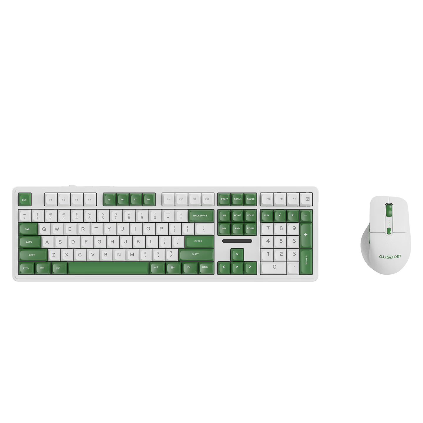 AUSDOM HOLA108 Wireless Keyboard and Mouse Combo Office Gaming Mechanical Keyboard 108-Key Anti-Ghosting Full Layout Desktop Computer Set Green White