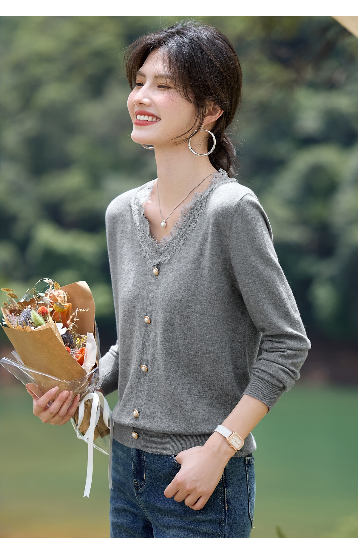 She Enjoy Women's Knitwear Lace Splice V-Neck Knit Base Shirt Fashion Versatile Soft Sweater Top T53Z045 6