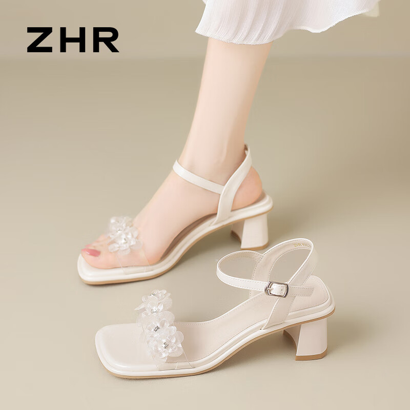ZHR Women's Summer Sandals Fairy Style Thick High Heels Open Toe One-Strap Shoes with Skirt KN139 Beige Size 35