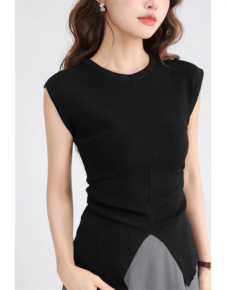 Jeanswest Women's Summer V-Neck Sleeveless Solid Color Pleated Waist-Slimming Split Top Black One Size 10