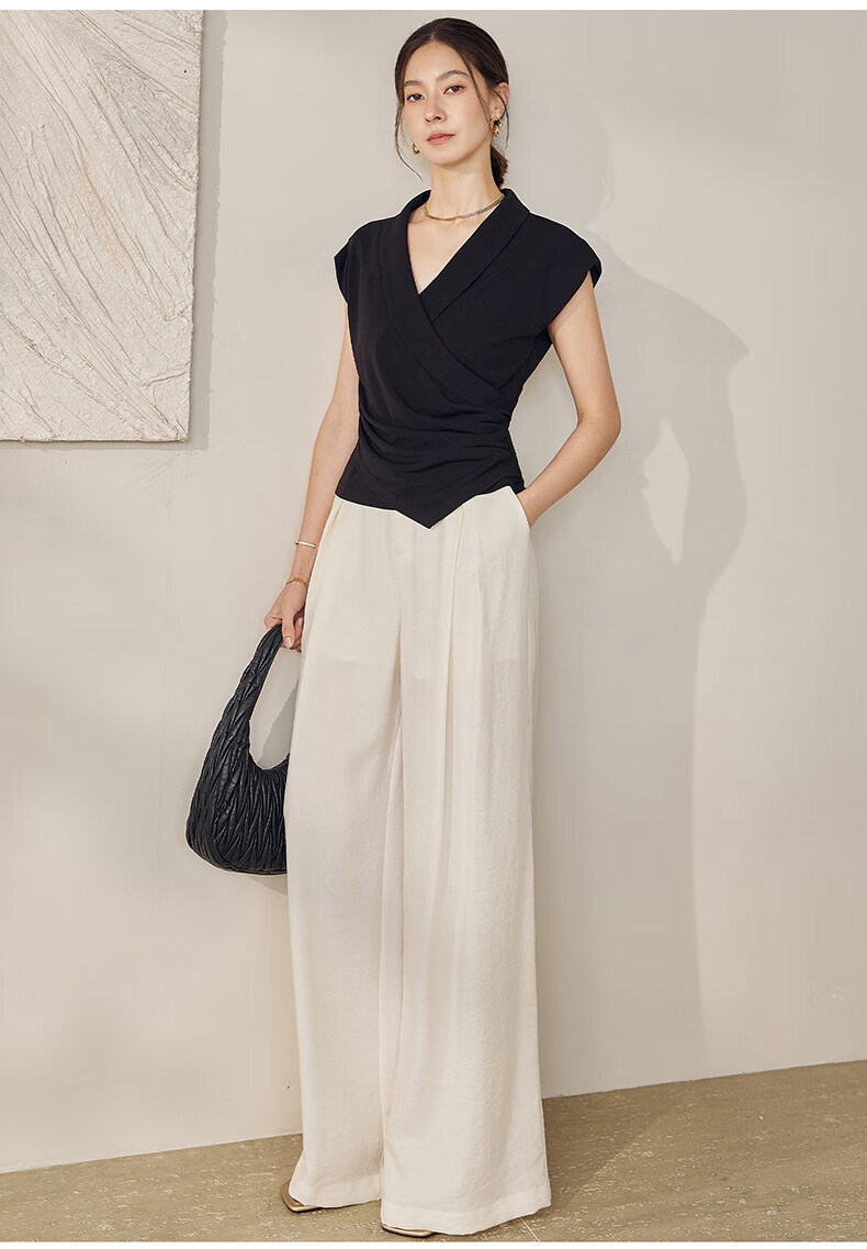 ROEYSHOUSE Elegant V-Neck Slim Fit Sleeveless Shirt for Women Summer Versatile Slimming Pleated Top 12363 Light Blue L 11