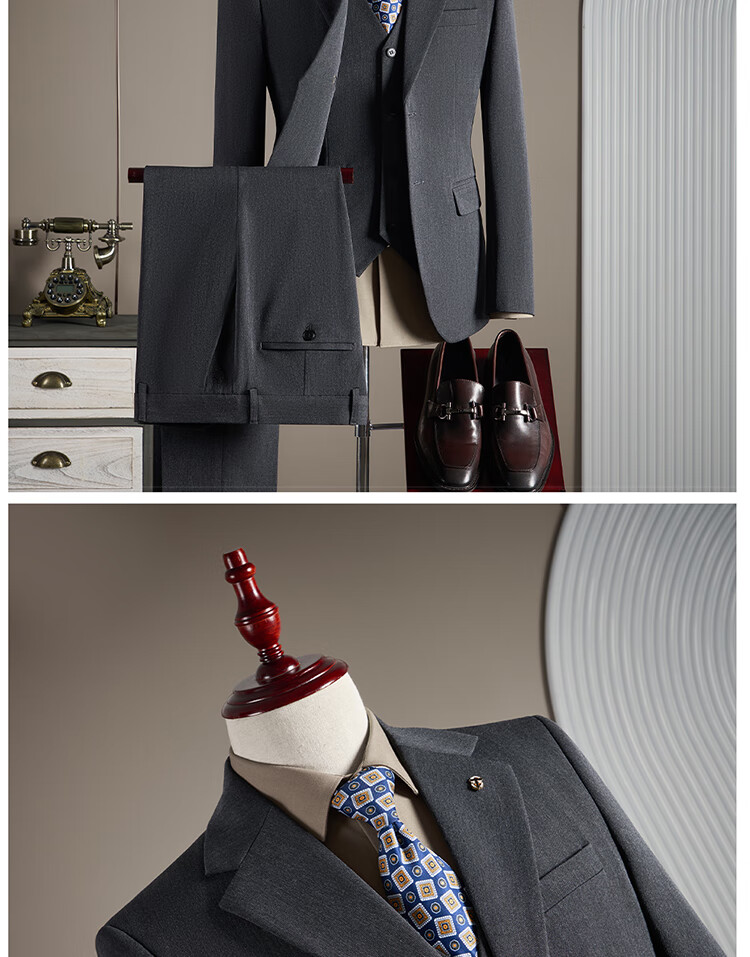 ROMON Men's Business Suit Set [Blazer + Vest + Trousers] Dark Gray 2XL 19