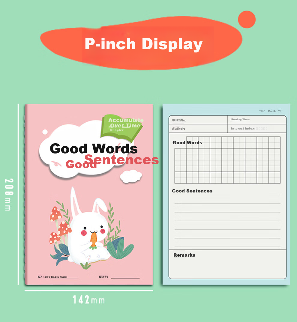 Faramon Elementary School Student's Daily Accumulation Reading Notes, Good Words And Sentences Collection Notebook, Reading Record Book, Vocabulary Accumulation Student Record Book, Pink Rabbit, 10 Books 8