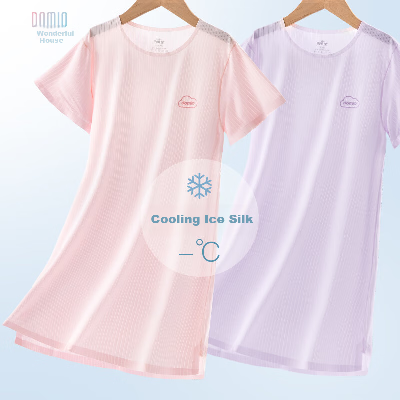 Duomiao Girls' Summer Nightdress Children's Ice Silk Pajamas Short Sleeve Homewear Big Kids Air Conditioning Clothes D017 Purple 130