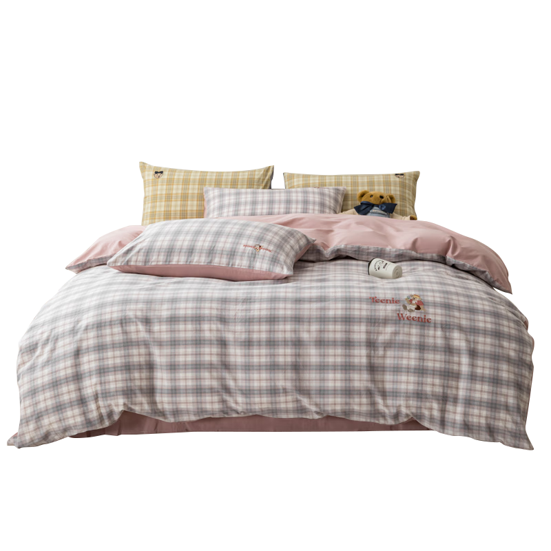 Teenie Weenie Class A Pure Cotton Three-Piece Set, Washed Cotton Single Bed Sheet And Duvet Cover, Bedding for 1.2m Bed, FLOWER - Cocoa Smoke Pink + Bean Paste