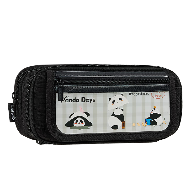 Deli Panda Pain Relief Student Pencil Case Simple Double Zipper Large Capacity Multifunctional Stationery Storage Bag Boys Girls Gift Black BC435 Graduation Gift