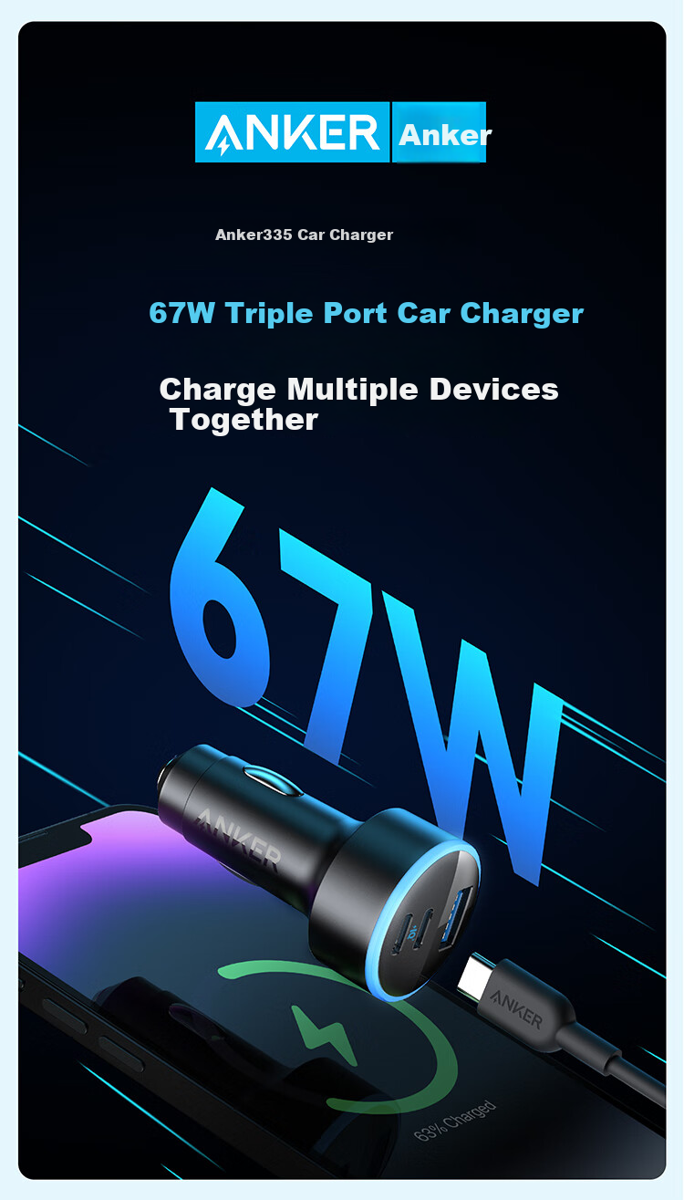 ANKE Car Charger, 67W Car Cigarette Lighter Fast Charging Adapter, Three-Port High-Power Car Charger, Compatible with Huawei, Xiaomi, Apple 18/17 Android Phones And Laptops, Black 1