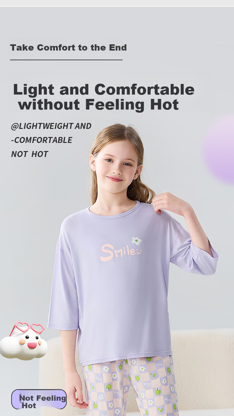 LangSha Children's Pajamas for Girls, Summer Thin Lycra Cotton Three-Quarter Sleeve Sleepwear Set for Middle And High School Students, Teenage Home Wear 4