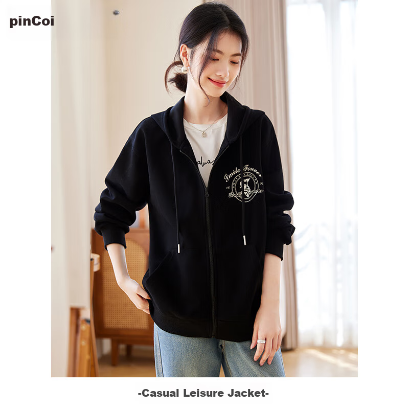 PinCai Women's Sweatshirt Jacket, Solid Color with Dog Print, Versatile Casual Hooded Cardigan Top, P141F2734