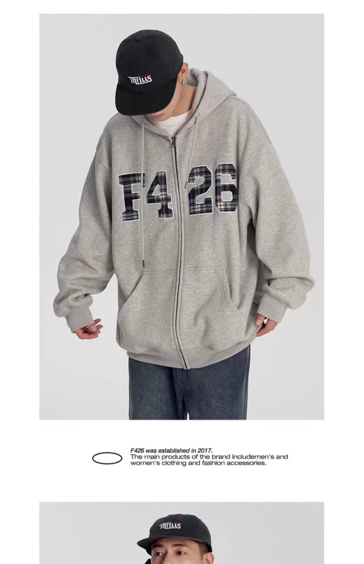 F426 [Zhao Lusi's Style] National Trend Brand Loose Fit Large Logo Plaid Patchwork Embroidered Sweatshirt Jacket, Floral Gray, L 6