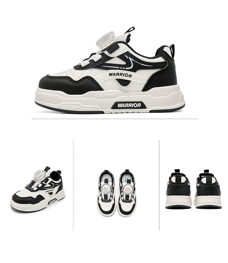 Warrior Kids Leather Panel Shoes Autumn Winter New Thick Sole Dial Button Boys and Girls Running Shoes WZCL1585 White Black Size 32 11