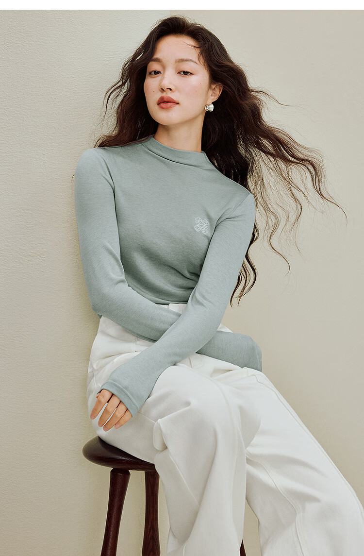 INMAN Wool Stand Collar T-Shirt 2025 Autumn Women's New Layered Slim Fit Long Sleeve Base Shirt Light Gray S 7