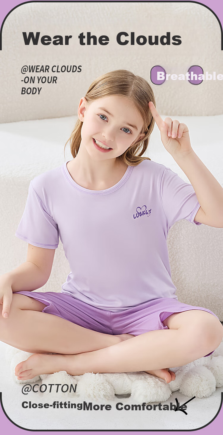 LangSha Children's Pajamas for Girls, Summer Thin Comfortable Breathable Short-Sleeve Sleepwear, Home Wear Set for Older Children, Purple, Size 160 3