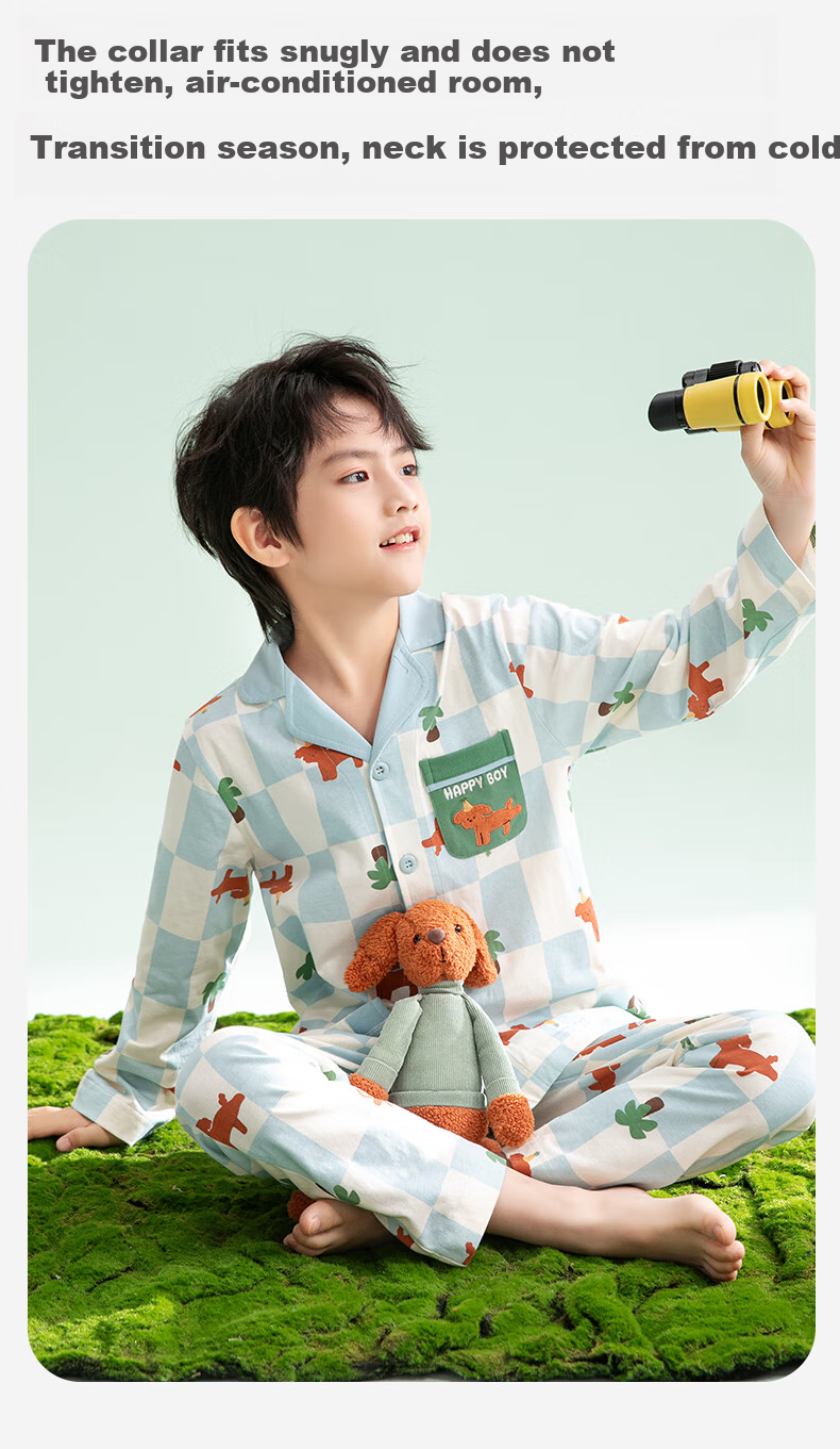 Fenteng Children's Pajamas for Boys, 100% Cotton Spring New Cartoon Sleepwear Set for Older Kids 20