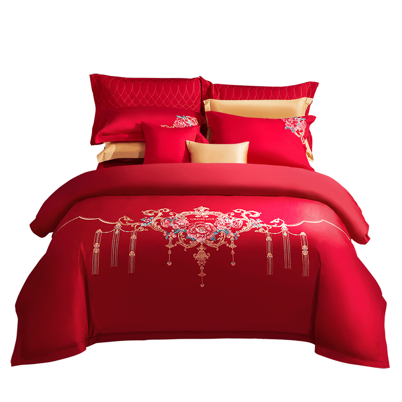 Fuanna High-End Wedding Four-Piece Set Phoenix Crown Embroidery 60-Count Long-Staple Cotton Red Bridal Bedding Gift Set for 1.8m Bed