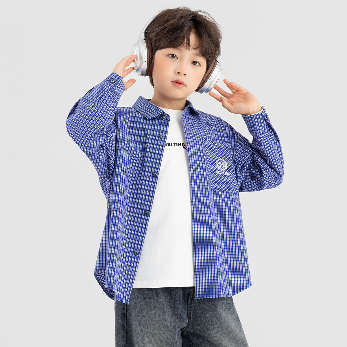 Duoduo Boys Shirt 2025 Autumn New Classic Navy Blue Plaid Jacket with Logo Embroidery American Kids Academy Style Top