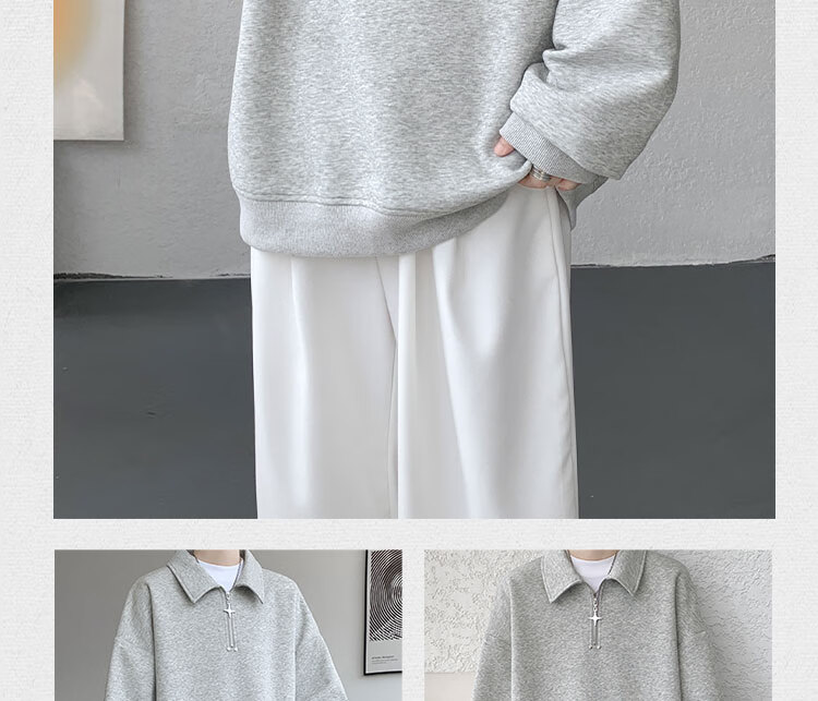 Dingfengbaoluo Half-Zip Top, Spring Versatile Casual Loose Solid Color Long-Sleeve Lapel Sweatshirt TID03 White M 7