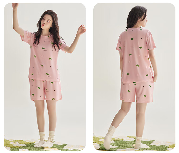 Hodo Summer Lightweight Tencel Cotton Printed Polka Dot Floral Women's Simple Wearable Short-Sleeve Pajama Set 7